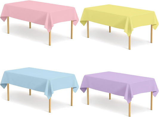 4 Pack Pastel Color Tablecloths Assorted Color Table Cloth Rectangle Disposable Plastic Table Covers for Parties Baby Shower Wedding Birthday Spring Easter Summer Party, Blue Pink Purple Yellow