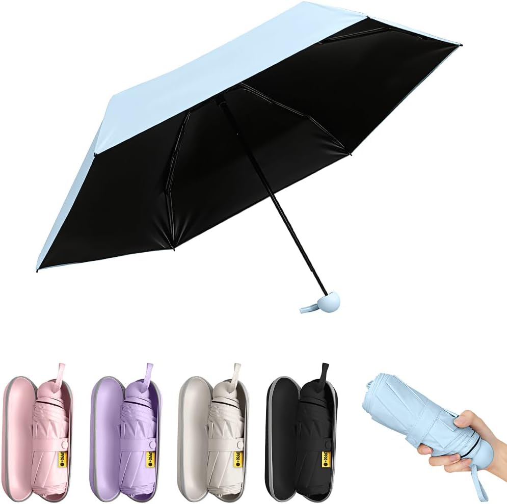 Mini Umbrella Compact for Travel, UV Sun Protection(UPF50+), Waterproof for Light Rain, Suitable for Women & Kids With a Case, Manual 6k Folding Small Pocket Size Ufor Backpack/Purse