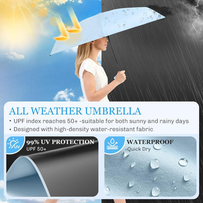 Mini Umbrella Compact for Travel, UV Sun Protection(UPF50+), Waterproof for Light Rain, Suitable for Women & Kids With a Case, Manual 6k Folding Small Pocket Size Ufor Backpack/Purse