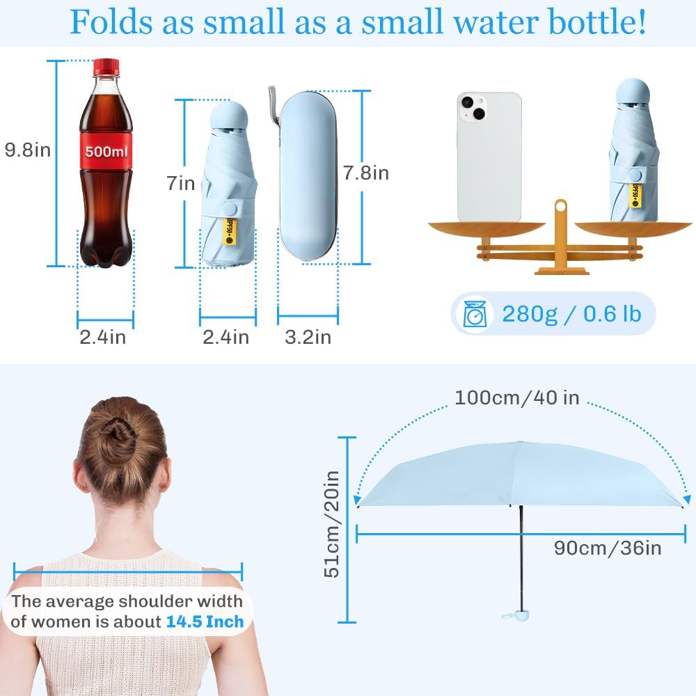 Mini Umbrella Compact for Travel, UV Sun Protection(UPF50+), Waterproof for Light Rain, Suitable for Women & Kids With a Case, Manual 6k Folding Small Pocket Size Ufor Backpack/Purse
