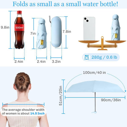 Mini Umbrella Compact for Travel, UV Sun Protection(UPF50+), Waterproof for Light Rain, Suitable for Women & Kids With a Case, Manual 6k Folding Small Pocket Size Ufor Backpack/Purse