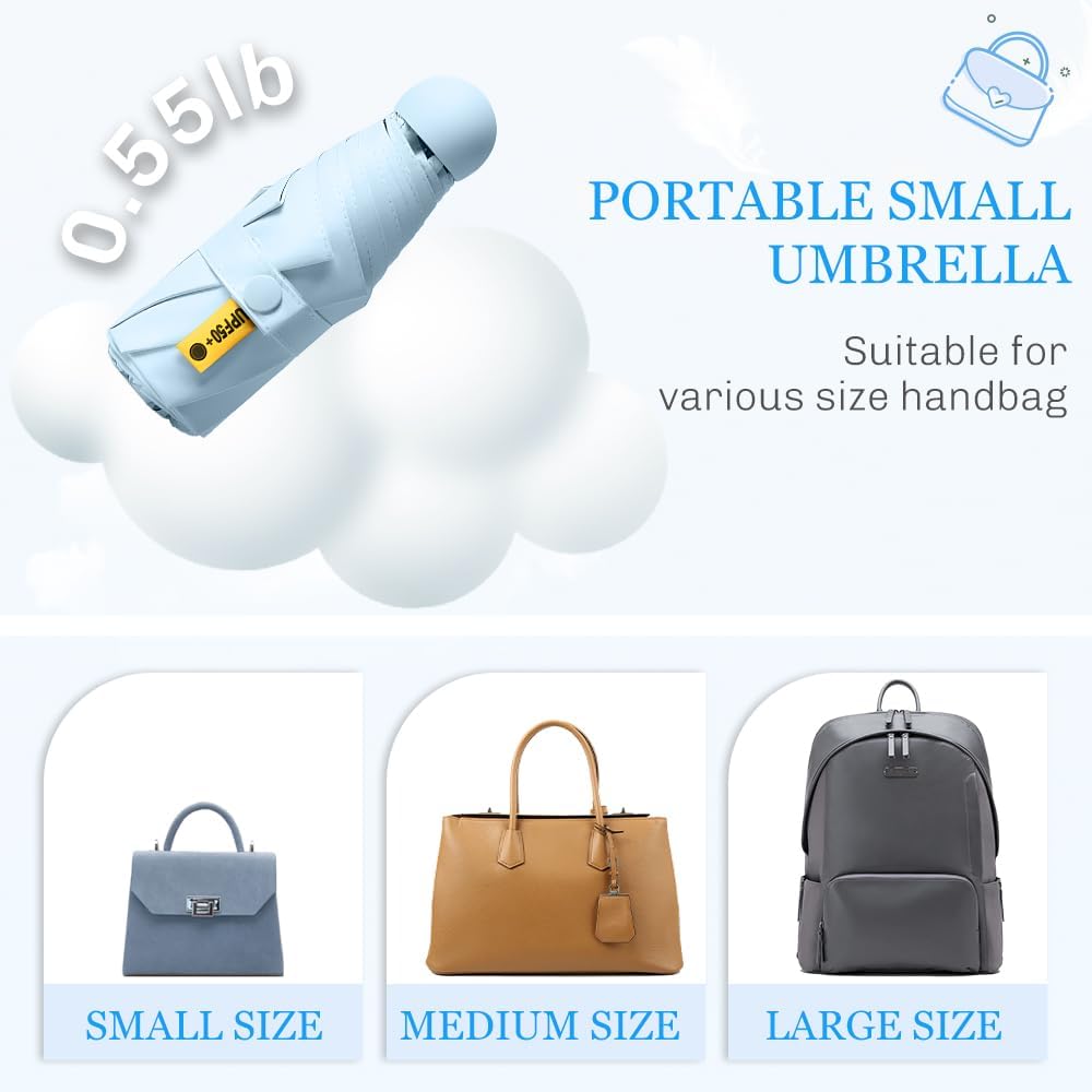 Mini Umbrella Compact for Travel, UV Sun Protection(UPF50+), Waterproof for Light Rain, Suitable for Women & Kids With a Case, Manual 6k Folding Small Pocket Size Ufor Backpack/Purse