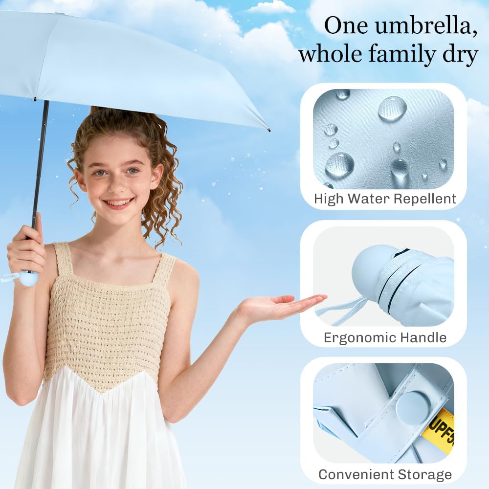 Mini Umbrella Compact for Travel, UV Sun Protection(UPF50+), Waterproof for Light Rain, Suitable for Women & Kids With a Case, Manual 6k Folding Small Pocket Size Ufor Backpack/Purse