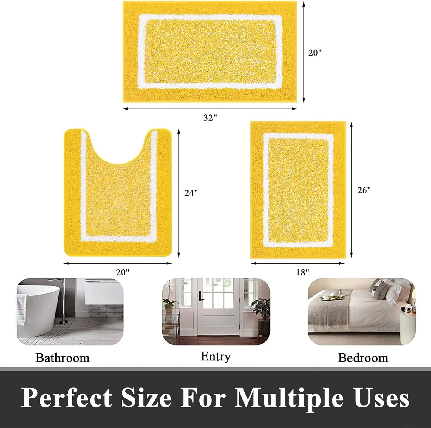 Bathroom Rugs Sets 3 Piece Bathroom Shower Rugs with U-Shaped Contour Toilet Mat Absorbent Microfiber Plush Bath Mats Non Slip Bath Rugs Machine Washable Shaggy Bath Floor Mats