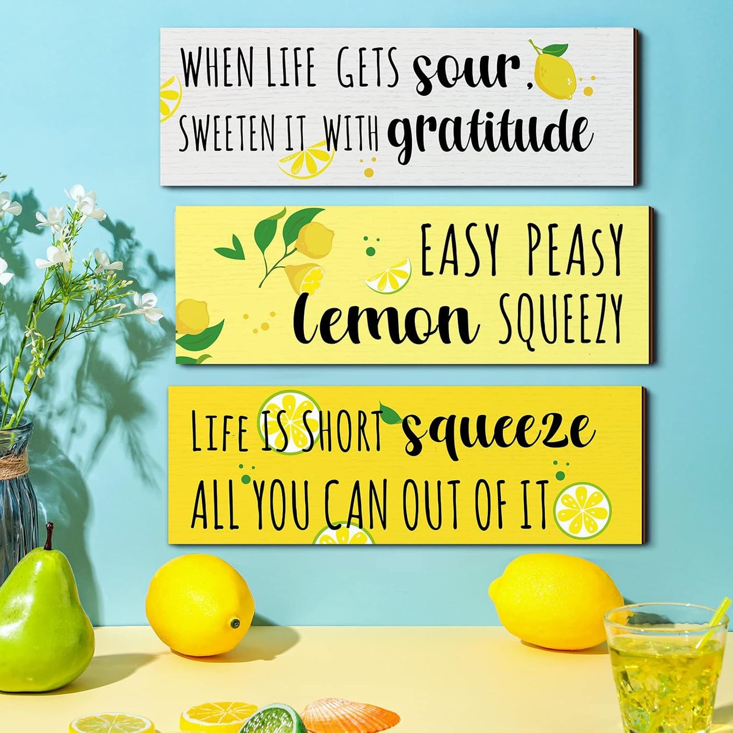 3 Pieces Lemon Wood Sign Lemon Kitchen Decor Inspirational Quote Wall Decor Summer Gift Farmhouse Porch Decoration Accessories for Home Bedroom Bathroom Kitchen