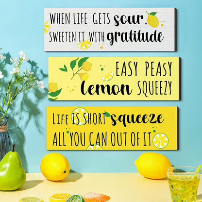 3 Pieces Lemon Wood Sign Lemon Kitchen Decor Inspirational Quote Wall Decor Summer Gift Farmhouse Porch Decoration Accessories for Home Bedroom Bathroom Kitchen