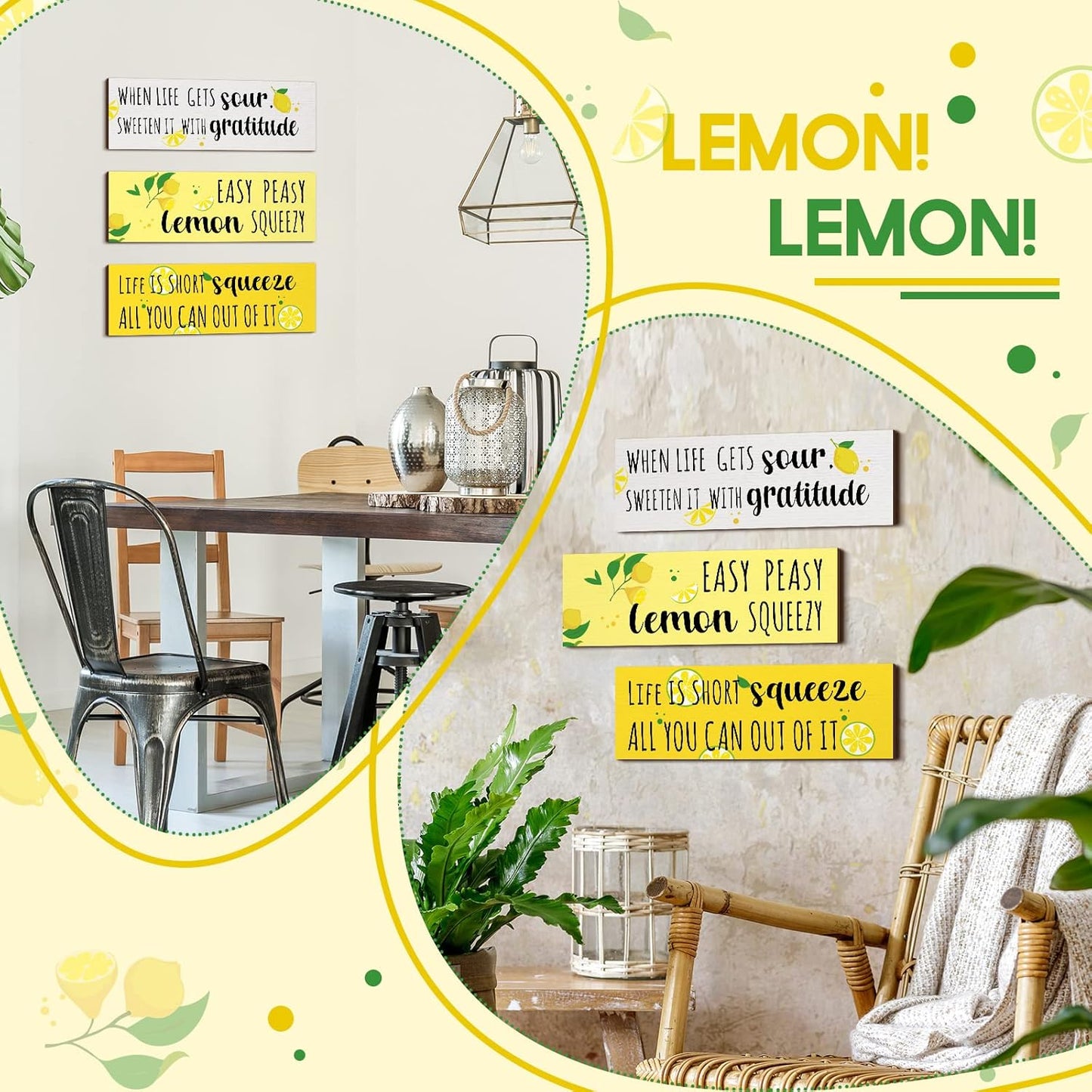 3 Pieces Lemon Wood Sign Lemon Kitchen Decor Inspirational Quote Wall Decor Summer Gift Farmhouse Porch Decoration Accessories for Home Bedroom Bathroom Kitchen