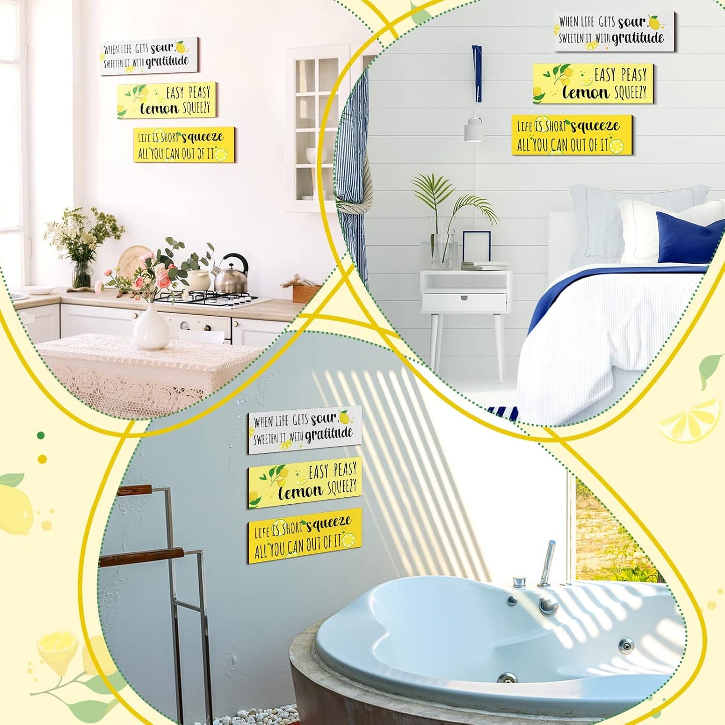 3 Pieces Lemon Wood Sign Lemon Kitchen Decor Inspirational Quote Wall Decor Summer Gift Farmhouse Porch Decoration Accessories for Home Bedroom Bathroom Kitchen