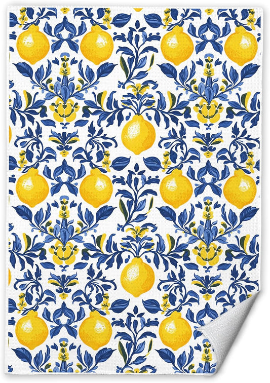 Mediterranean Lemon Kitchen Towels 16x24 in, Cottagecore Blue and Yellow Farmhouse Fruit Botanical Decorative Hand Tea Dish Towels for Bathroom Kitchen, Lemon Bathroom Decor