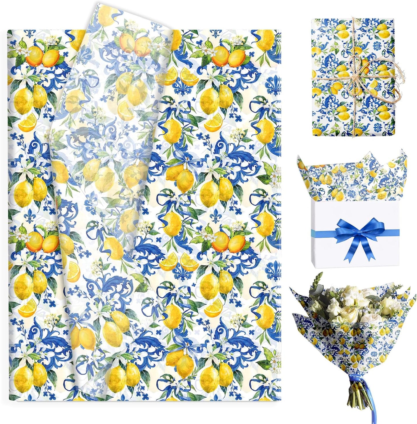 50 Sheet Mediterranean Blue Tile Lemon Tissue Paper Yellow Lemon Floral Printed Majolica Ceramic Decorative Wrapping Tissue for Baby Shower Wedding Gift Bag Boutique Packaging DIY Craft Supplies