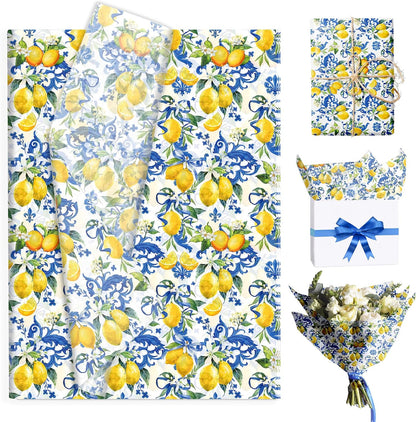 50 Sheet Mediterranean Blue Tile Lemon Tissue Paper Yellow Lemon Floral Printed Majolica Ceramic Decorative Wrapping Tissue for Baby Shower Wedding Gift Bag Boutique Packaging DIY Craft Supplies