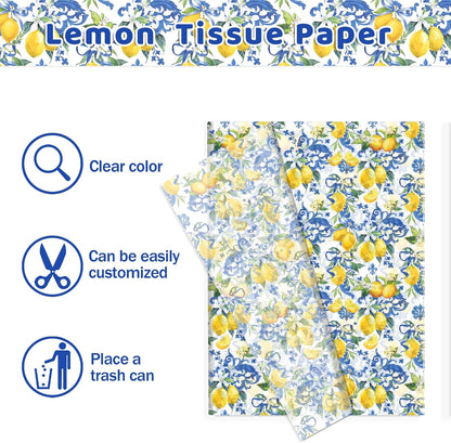 50 Sheet Mediterranean Blue Tile Lemon Tissue Paper Yellow Lemon Floral Printed Majolica Ceramic Decorative Wrapping Tissue for Baby Shower Wedding Gift Bag Boutique Packaging DIY Craft Supplies