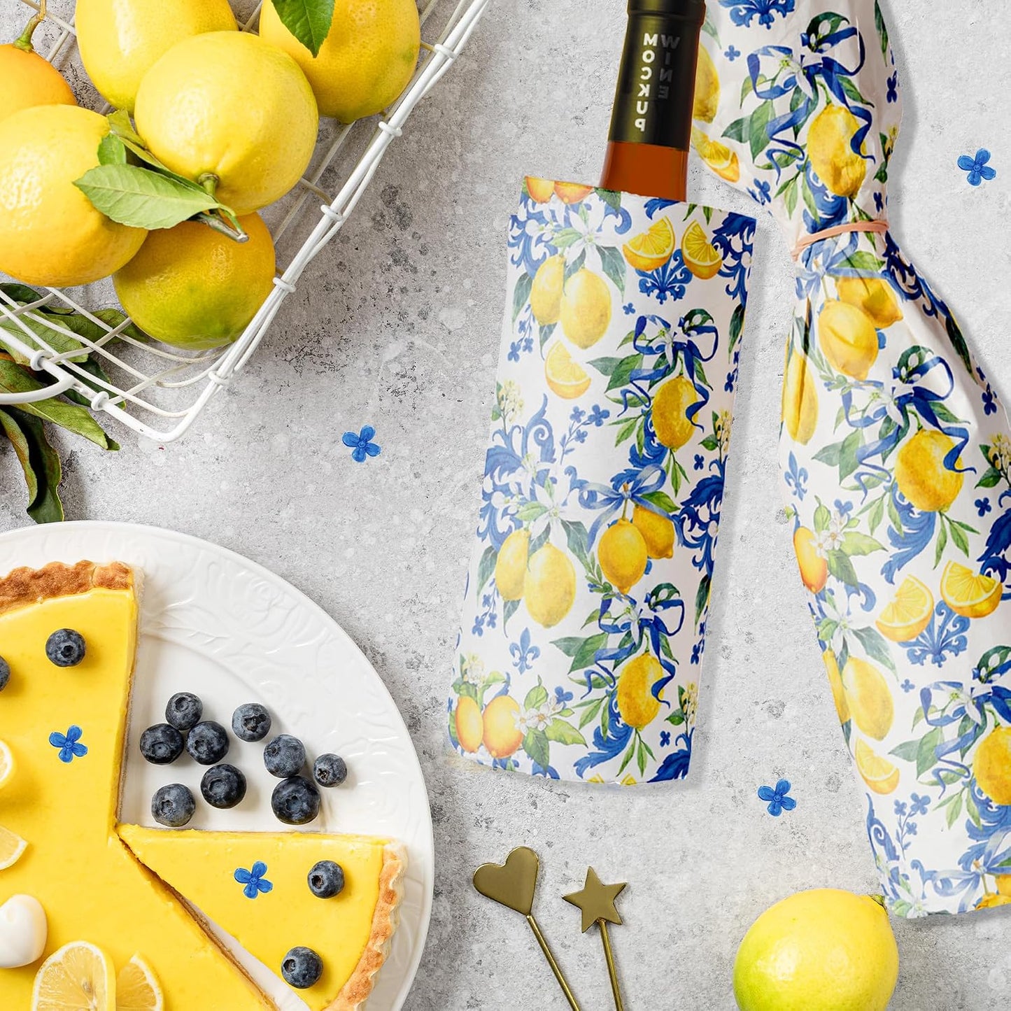 50 Sheet Mediterranean Blue Tile Lemon Tissue Paper Yellow Lemon Floral Printed Majolica Ceramic Decorative Wrapping Tissue for Baby Shower Wedding Gift Bag Boutique Packaging DIY Craft Supplies