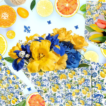 50 Sheet Mediterranean Blue Tile Lemon Tissue Paper Yellow Lemon Floral Printed Majolica Ceramic Decorative Wrapping Tissue for Baby Shower Wedding Gift Bag Boutique Packaging DIY Craft Supplies
