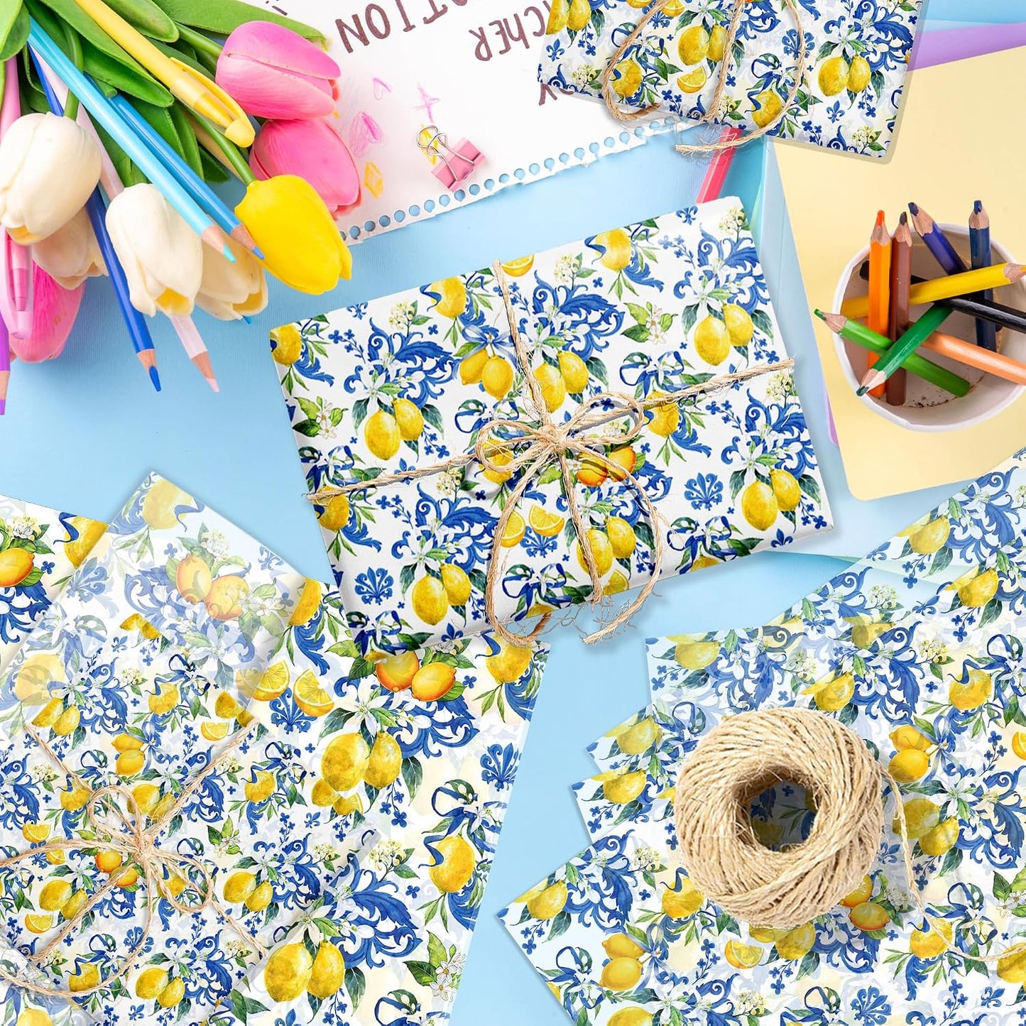 50 Sheet Mediterranean Blue Tile Lemon Tissue Paper Yellow Lemon Floral Printed Majolica Ceramic Decorative Wrapping Tissue for Baby Shower Wedding Gift Bag Boutique Packaging DIY Craft Supplies