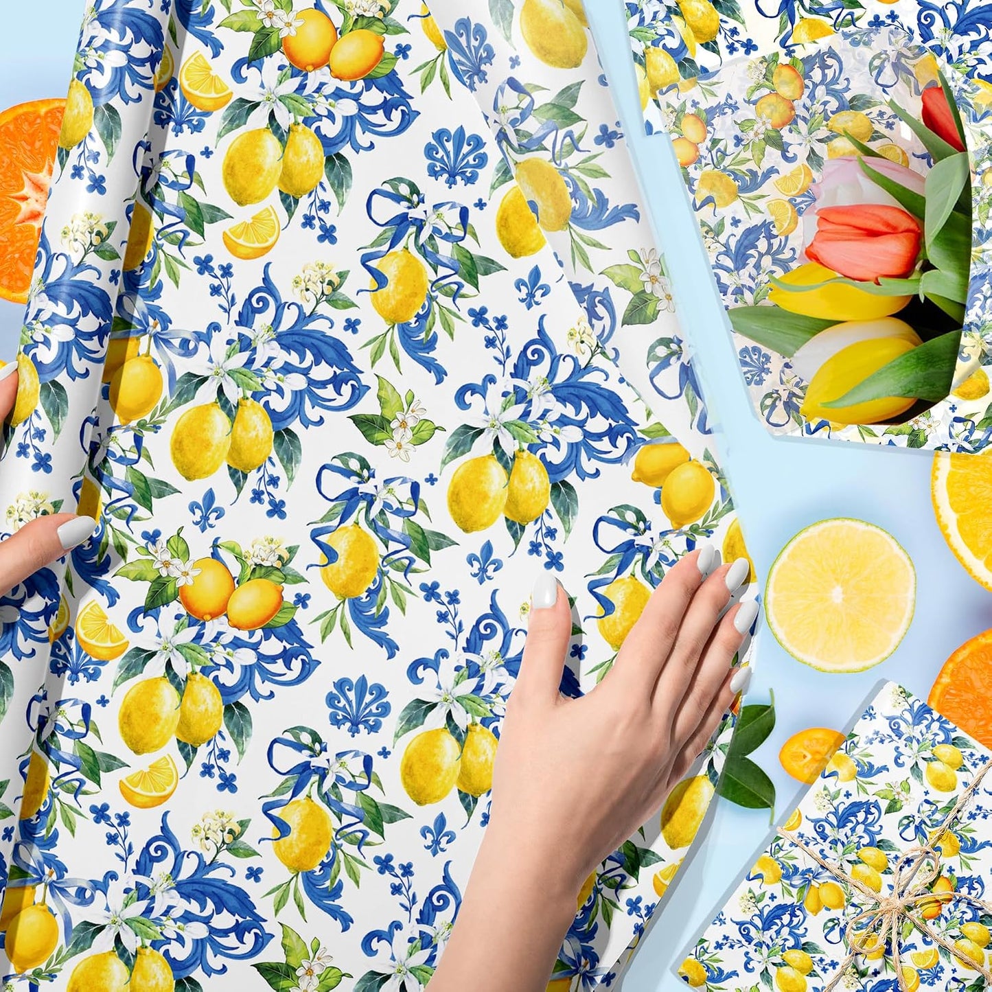 50 Sheet Mediterranean Blue Tile Lemon Tissue Paper Yellow Lemon Floral Printed Majolica Ceramic Decorative Wrapping Tissue for Baby Shower Wedding Gift Bag Boutique Packaging DIY Craft Supplies