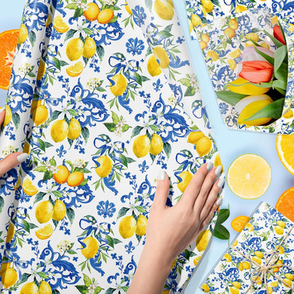50 Sheet Mediterranean Blue Tile Lemon Tissue Paper Yellow Lemon Floral Printed Majolica Ceramic Decorative Wrapping Tissue for Baby Shower Wedding Gift Bag Boutique Packaging DIY Craft Supplies