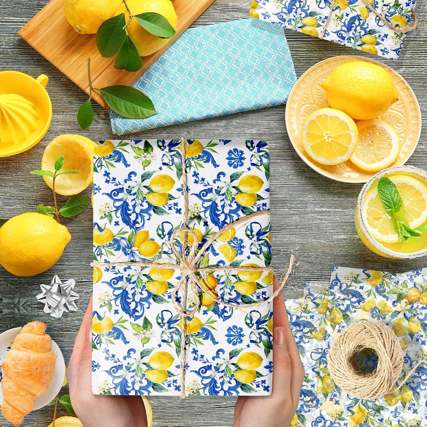 50 Sheet Mediterranean Blue Tile Lemon Tissue Paper Yellow Lemon Floral Printed Majolica Ceramic Decorative Wrapping Tissue for Baby Shower Wedding Gift Bag Boutique Packaging DIY Craft Supplies