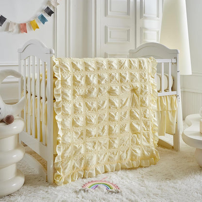 Ruffled Crib Bedding Set Baby Boho Quilted Comforter with Fitted Sheet and Bed Skirt - Cute Soft Breathable Seersucker Ruffled Shabby Chic Bedding Soft Blanket Design - Yellow
