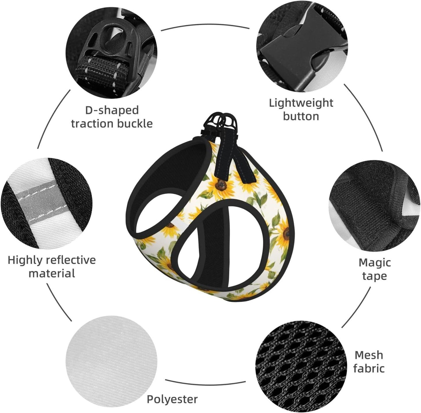 Sunflowers Yellow No Pull Dog Harness and Leash Set, Adjustable Reflective Vest for Small Dogs,Cute Soft Puppy Harness for Walking Training,M(Chest:17"-19")