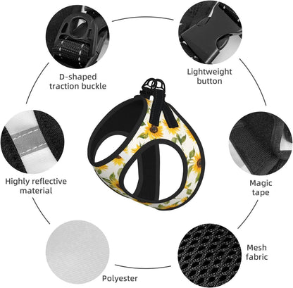 Sunflowers Yellow No Pull Dog Harness and Leash Set, Adjustable Reflective Vest for Small Dogs,Cute Soft Puppy Harness for Walking Training,M(Chest:17"-19")
