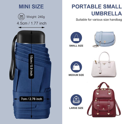 Mini Umbrella for Travel with Case Small Compact Sun Rain Tiny for Purse | compact small size and easy carry to outdoor, suitable for sunny days/ light rain/travel