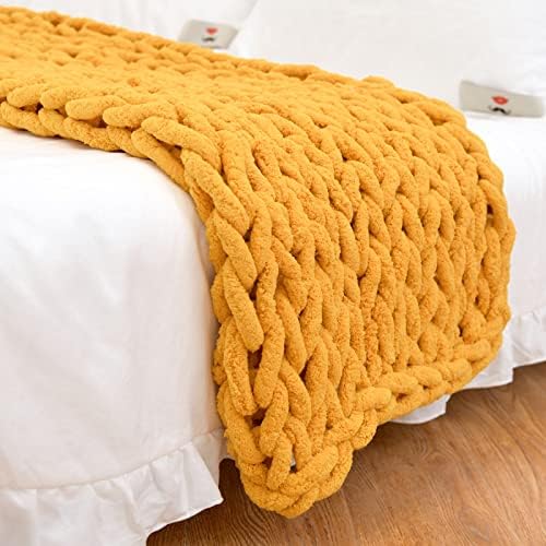 Soft Chunky Knit Throw Blanket for Couch, Cozy Warm Knitted Blankets | Hand Knit with Jumbo Chenille, Lightweight Warm Fluffy Decor for Women, Mom, Her & Girls, Sofa, Chair, Bed, 40"×40" (Yellow)