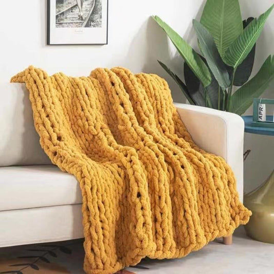 Soft Chunky Knit Throw Blanket for Couch, Cozy Warm Knitted Blankets | Hand Knit with Jumbo Chenille, Lightweight Warm Fluffy Decor for Women, Mom, Her & Girls, Sofa, Chair, Bed, 40"×40" (Yellow)