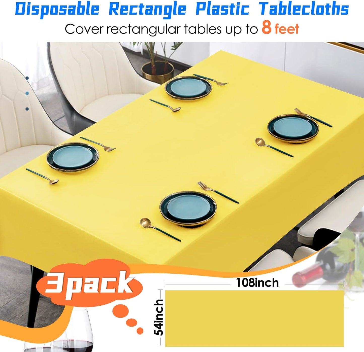 3 Pack Yellow Plastic Tablecloth Disposable Rectangular Table Cloth 54 x 108 Inch Table Cover for Parties