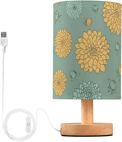 Yellow Flowers Bedside Table Lamp with USB Ports, LED Nightstand Desk Lamp with Flaxen Fabric Shade & Wood Base for Bedroom, Living Room,Office Dorm