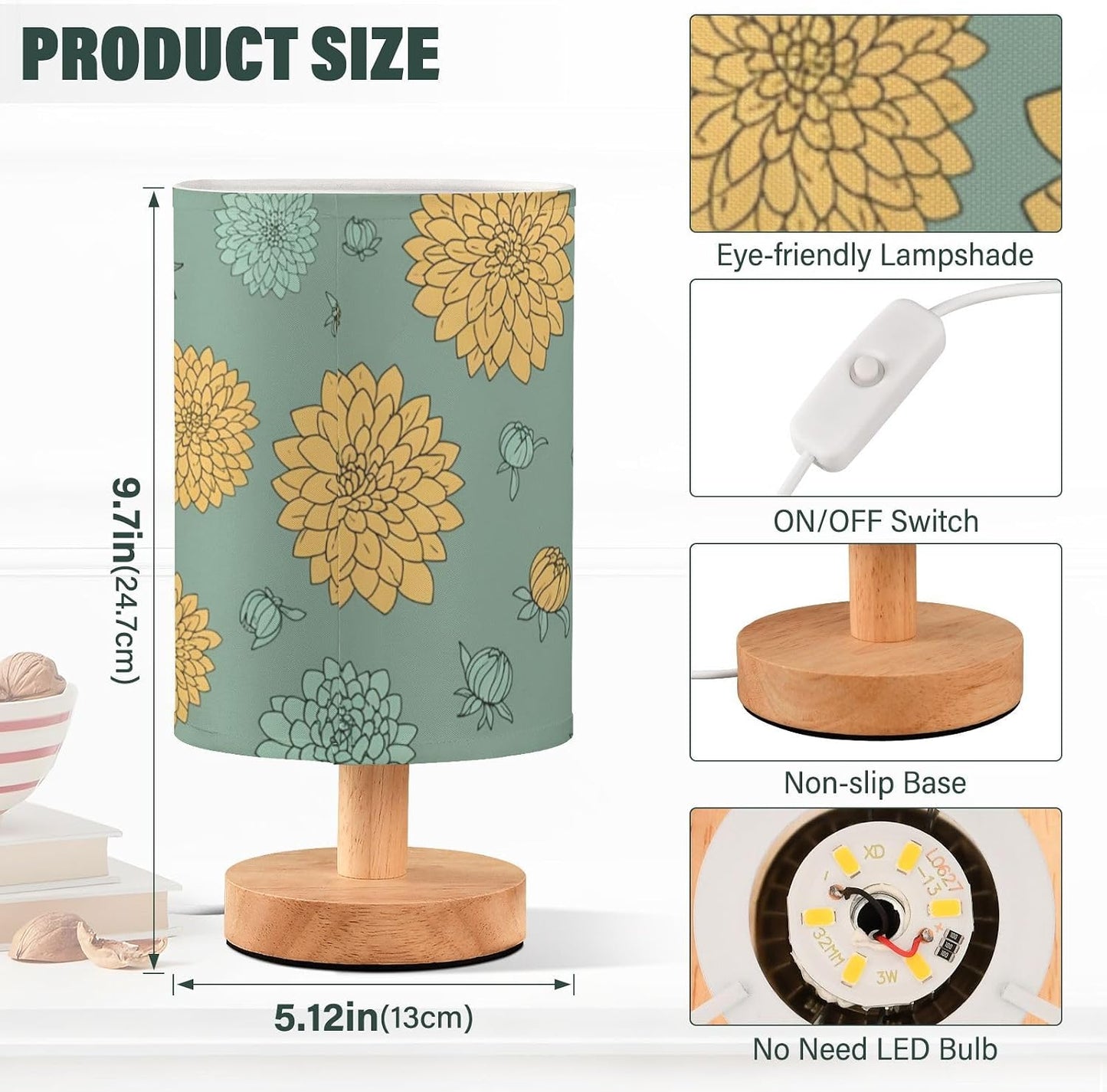 Yellow Flowers Bedside Table Lamp with USB Ports, LED Nightstand Desk Lamp with Flaxen Fabric Shade & Wood Base for Bedroom, Living Room,Office Dorm