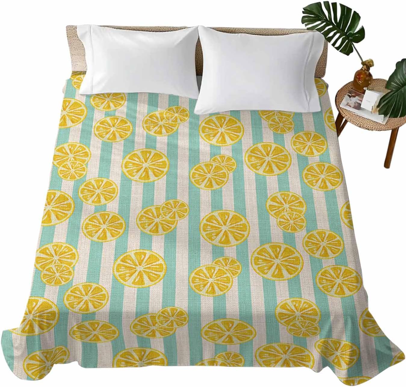 Flat Sheet, 1 Piece Top Sheet Full Size Yellow Lemon Stripes Soft Breathable Bed Sheet Summer Fruit White Blue Brushed Microfiber Bed Sheet, Wrinkle Resistant, Fade Resistant Bedding