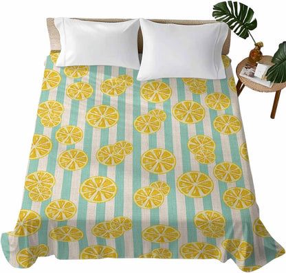 Flat Sheet, 1 Piece Top Sheet Full Size Yellow Lemon Stripes Soft Breathable Bed Sheet Summer Fruit White Blue Brushed Microfiber Bed Sheet, Wrinkle Resistant, Fade Resistant Bedding
