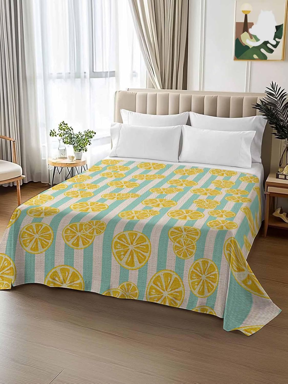 Flat Sheet, 1 Piece Top Sheet Full Size Yellow Lemon Stripes Soft Breathable Bed Sheet Summer Fruit White Blue Brushed Microfiber Bed Sheet, Wrinkle Resistant, Fade Resistant Bedding