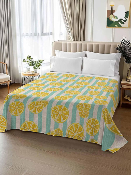 Flat Sheet, 1 Piece Top Sheet Full Size Yellow Lemon Stripes Soft Breathable Bed Sheet Summer Fruit White Blue Brushed Microfiber Bed Sheet, Wrinkle Resistant, Fade Resistant Bedding