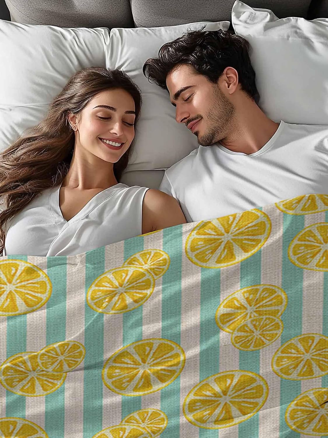 Flat Sheet, 1 Piece Top Sheet Full Size Yellow Lemon Stripes Soft Breathable Bed Sheet Summer Fruit White Blue Brushed Microfiber Bed Sheet, Wrinkle Resistant, Fade Resistant Bedding