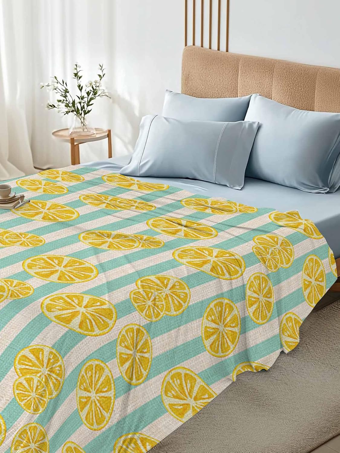 Flat Sheet, 1 Piece Top Sheet Full Size Yellow Lemon Stripes Soft Breathable Bed Sheet Summer Fruit White Blue Brushed Microfiber Bed Sheet, Wrinkle Resistant, Fade Resistant Bedding