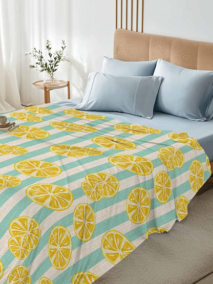 Flat Sheet, 1 Piece Top Sheet Full Size Yellow Lemon Stripes Soft Breathable Bed Sheet Summer Fruit White Blue Brushed Microfiber Bed Sheet, Wrinkle Resistant, Fade Resistant Bedding