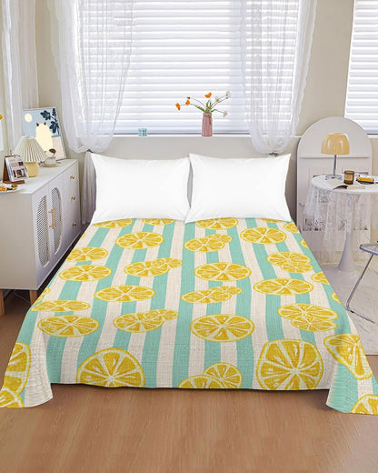 Flat Sheet, 1 Piece Top Sheet Full Size Yellow Lemon Stripes Soft Breathable Bed Sheet Summer Fruit White Blue Brushed Microfiber Bed Sheet, Wrinkle Resistant, Fade Resistant Bedding