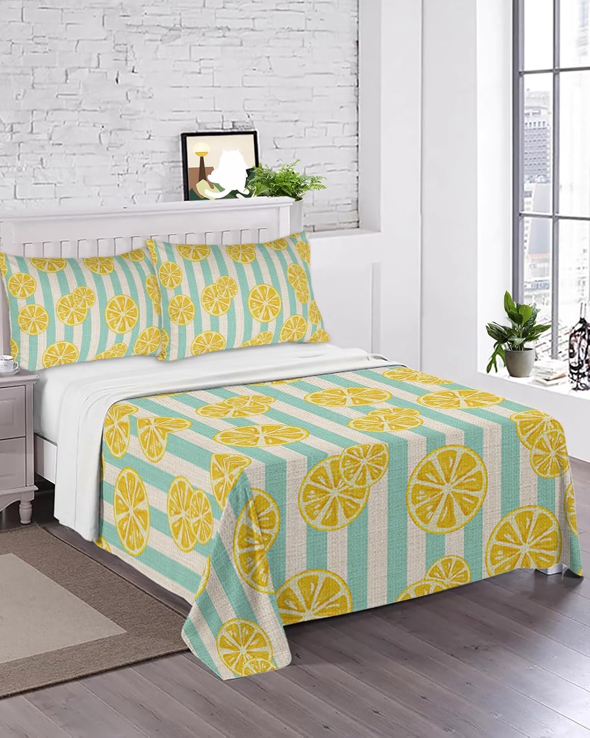 Flat Sheet, 1 Piece Top Sheet Full Size Yellow Lemon Stripes Soft Breathable Bed Sheet Summer Fruit White Blue Brushed Microfiber Bed Sheet, Wrinkle Resistant, Fade Resistant Bedding