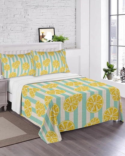 Flat Sheet, 1 Piece Top Sheet Full Size Yellow Lemon Stripes Soft Breathable Bed Sheet Summer Fruit White Blue Brushed Microfiber Bed Sheet, Wrinkle Resistant, Fade Resistant Bedding