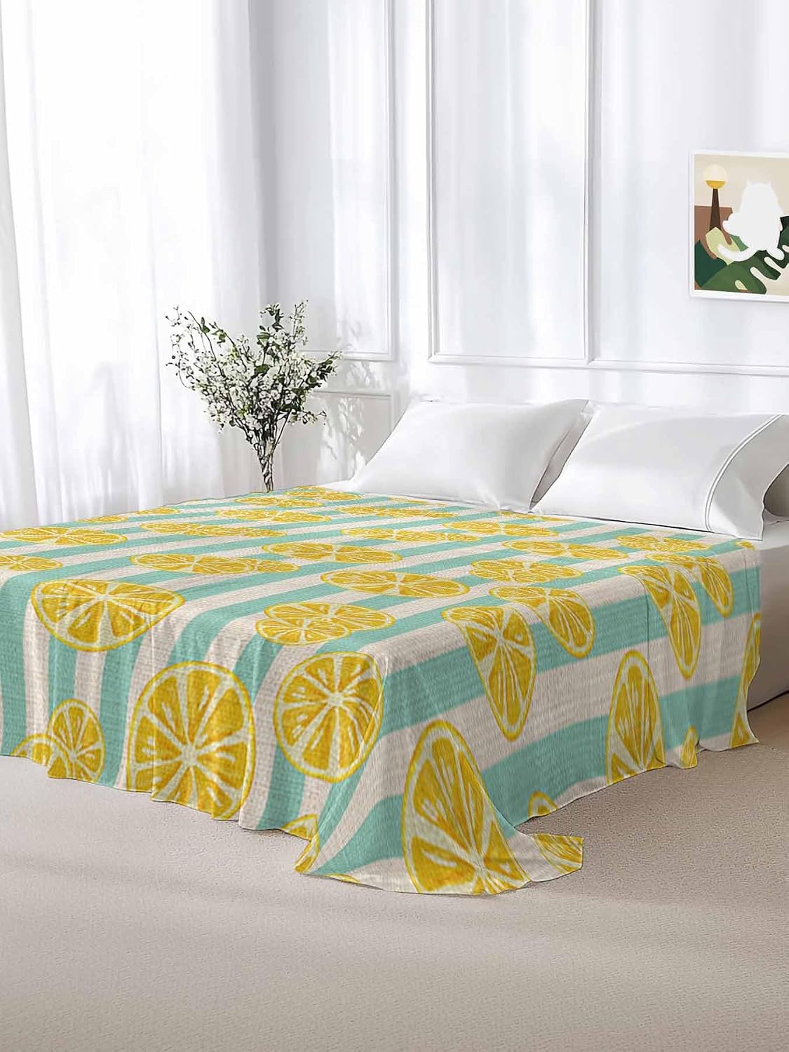 Flat Sheet, 1 Piece Top Sheet Full Size Yellow Lemon Stripes Soft Breathable Bed Sheet Summer Fruit White Blue Brushed Microfiber Bed Sheet, Wrinkle Resistant, Fade Resistant Bedding