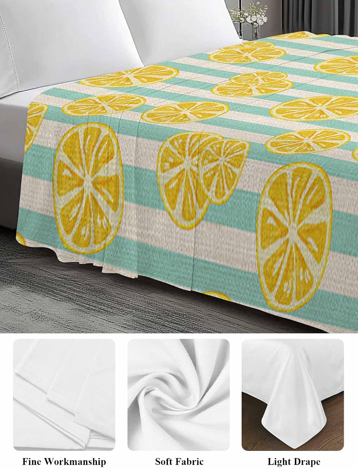 Flat Sheet, 1 Piece Top Sheet Full Size Yellow Lemon Stripes Soft Breathable Bed Sheet Summer Fruit White Blue Brushed Microfiber Bed Sheet, Wrinkle Resistant, Fade Resistant Bedding