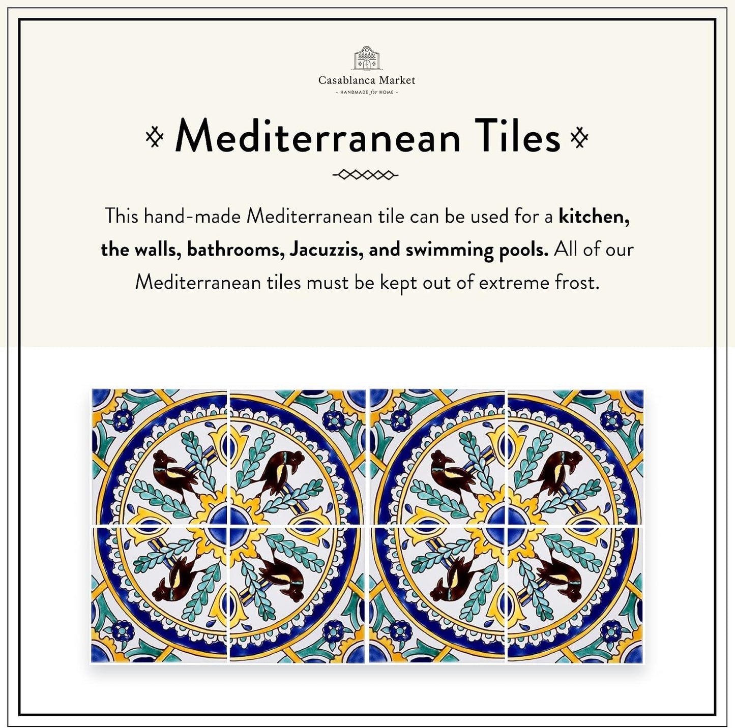 MT034 Mediterranean Ceramic Carthage Mosaic Tile, Blue/Yellow