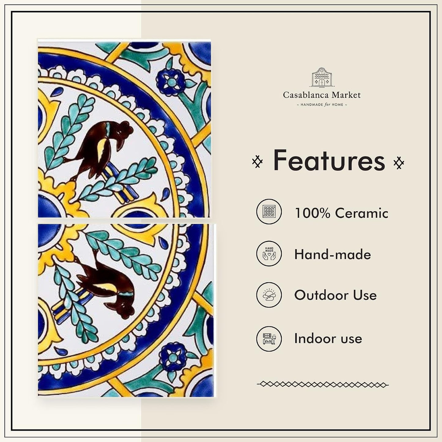 MT034 Mediterranean Ceramic Carthage Mosaic Tile, Blue/Yellow