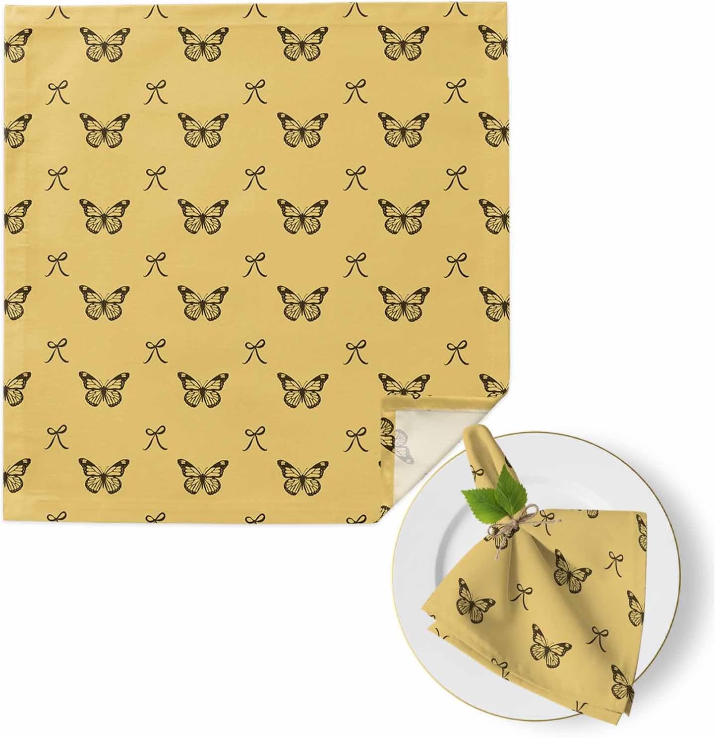 Cloth Napkins Set of 1pcs, Spring Butterflies Bow Dinner Napkins Cloth Washable Reusable Napkin for Wedding Holiday Party Dinner Table Decor Yellow Background