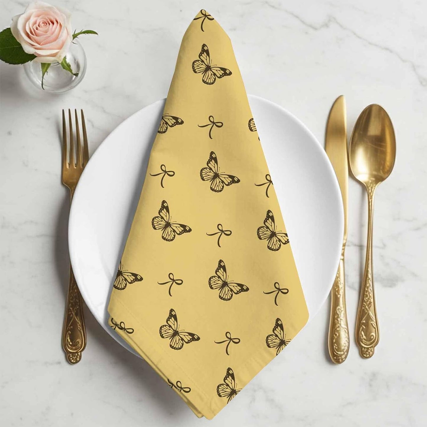Cloth Napkins Set of 1pcs, Spring Butterflies Bow Dinner Napkins Cloth Washable Reusable Napkin for Wedding Holiday Party Dinner Table Decor Yellow Background
