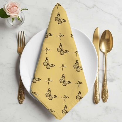 Cloth Napkins Set of 1pcs, Spring Butterflies Bow Dinner Napkins Cloth Washable Reusable Napkin for Wedding Holiday Party Dinner Table Decor Yellow Background