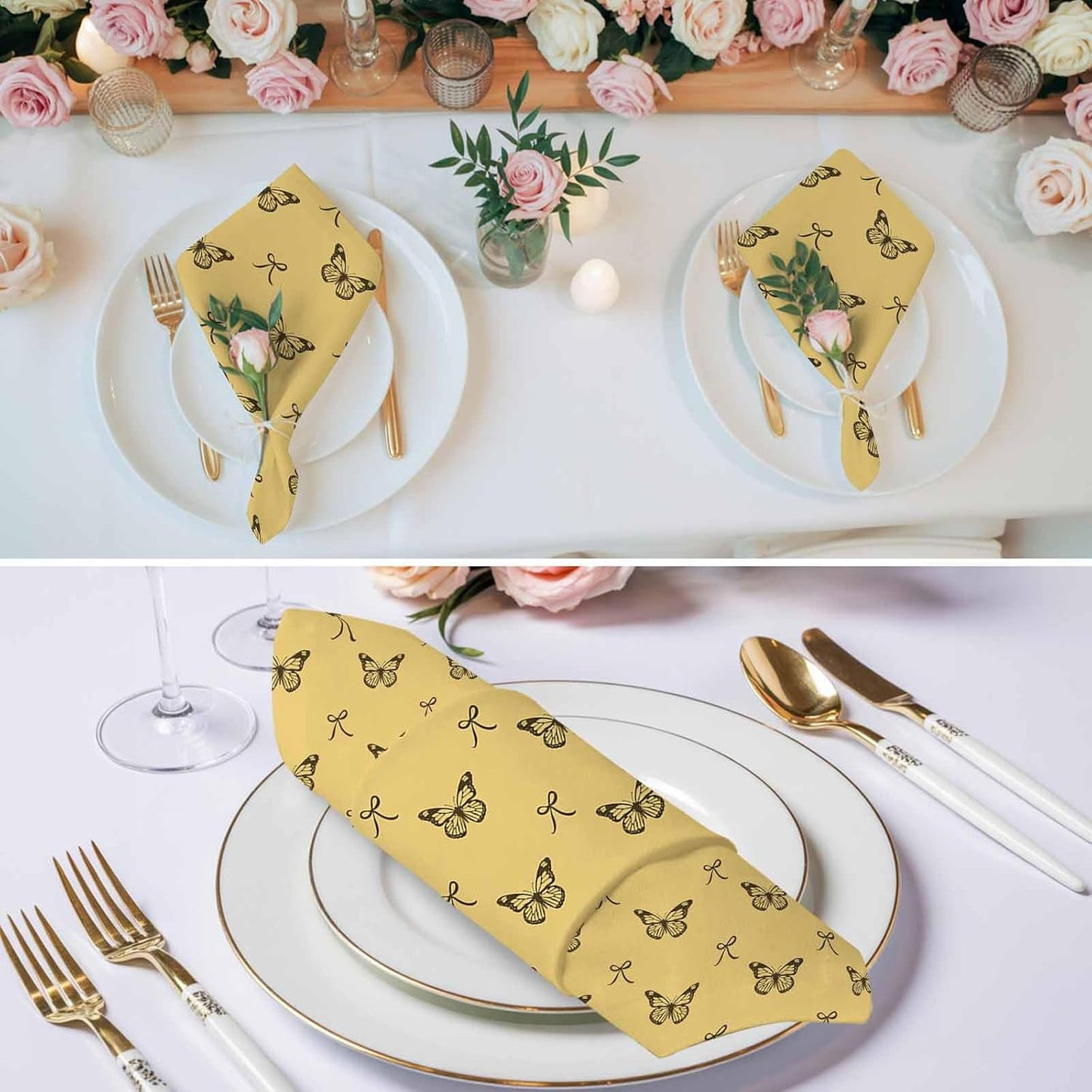 Cloth Napkins Set of 1pcs, Spring Butterflies Bow Dinner Napkins Cloth Washable Reusable Napkin for Wedding Holiday Party Dinner Table Decor Yellow Background