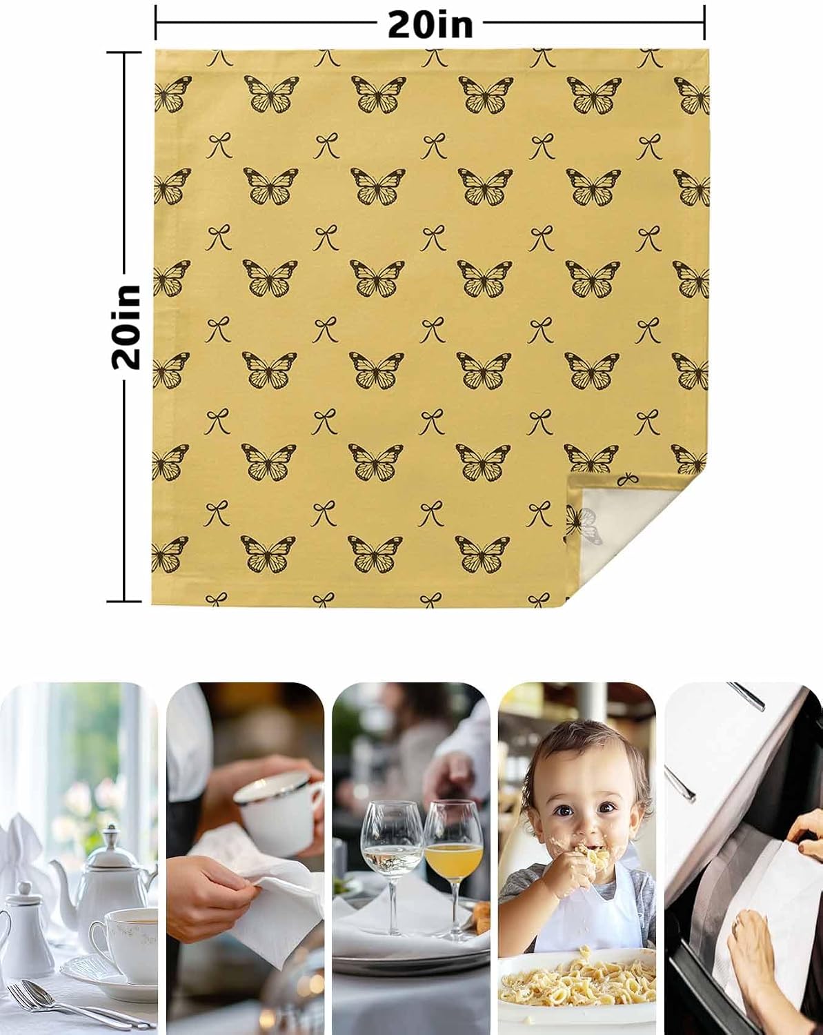 Cloth Napkins Set of 1pcs, Spring Butterflies Bow Dinner Napkins Cloth Washable Reusable Napkin for Wedding Holiday Party Dinner Table Decor Yellow Background